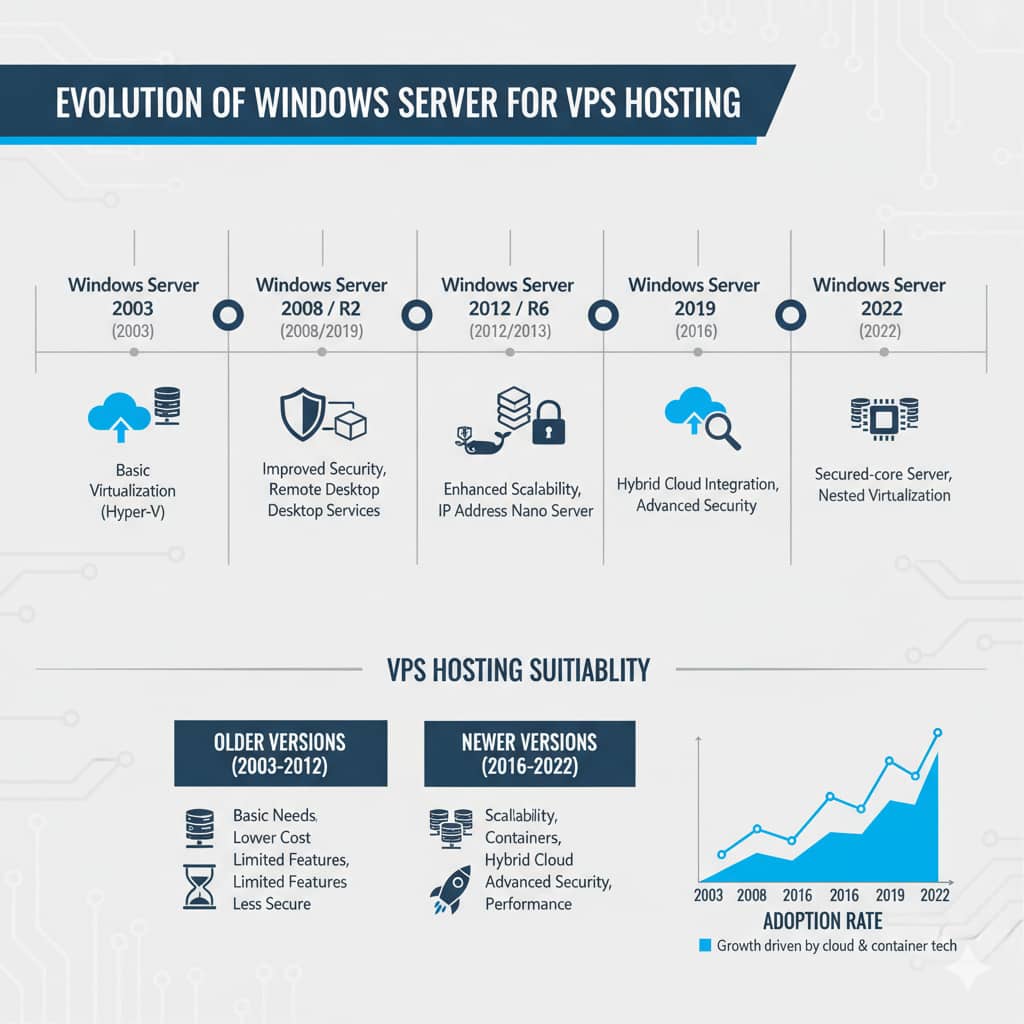 Infographic showing evolution of Windows Server for VPS hosting, with timeline, key features, and adoption chart.