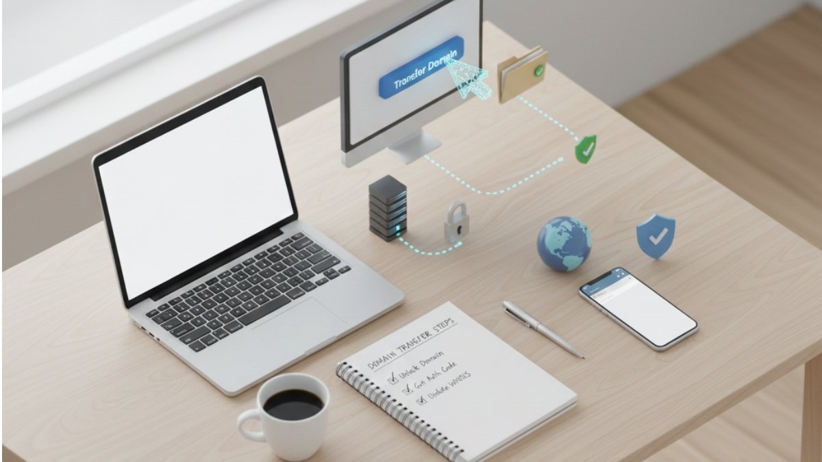 how-to-transfer-domain-name-featured-image Desk with laptop and monitor showing “Transfer Domain,” plus server, lock, globe, and security icons illustrating domain transfer.