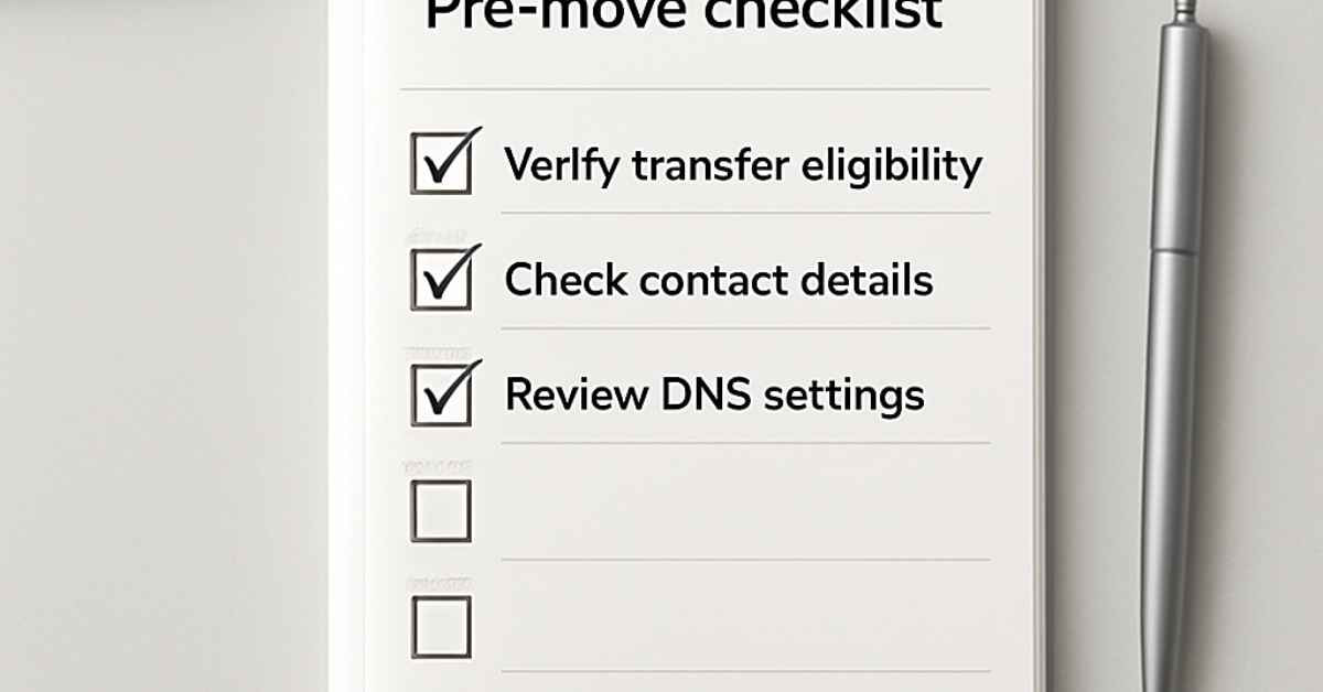 Close-up of a "Pre-move checklist" with three items checked: verify eligibility, check contact details, and review DNS.